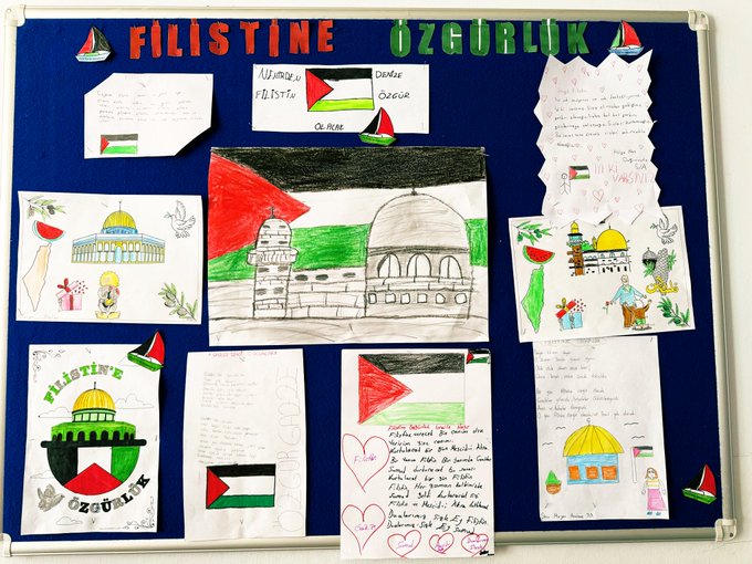 First image shows a bulletin board with childrens drawings of Palestinian flags, Dome of the Rock, peace doves, watermelons, and handwritten solidarity messages in Turkish supporting Palestine freedom. Second image is a poster titled Okulunda 7 Ekim Filistin Farkındalık Etkinlikleri featuring Turkish and Palestinian flags, illustrations of hands holding flags, watermelons, microphones, and activities like prayers, songs, and campaigns for Gaza solidarity. Third image depicts a colorful childrens drawing of people on a boat waving Palestinian flags under a sky with clouds and birds, including text Sen de Filistin de yanındayız Destek.