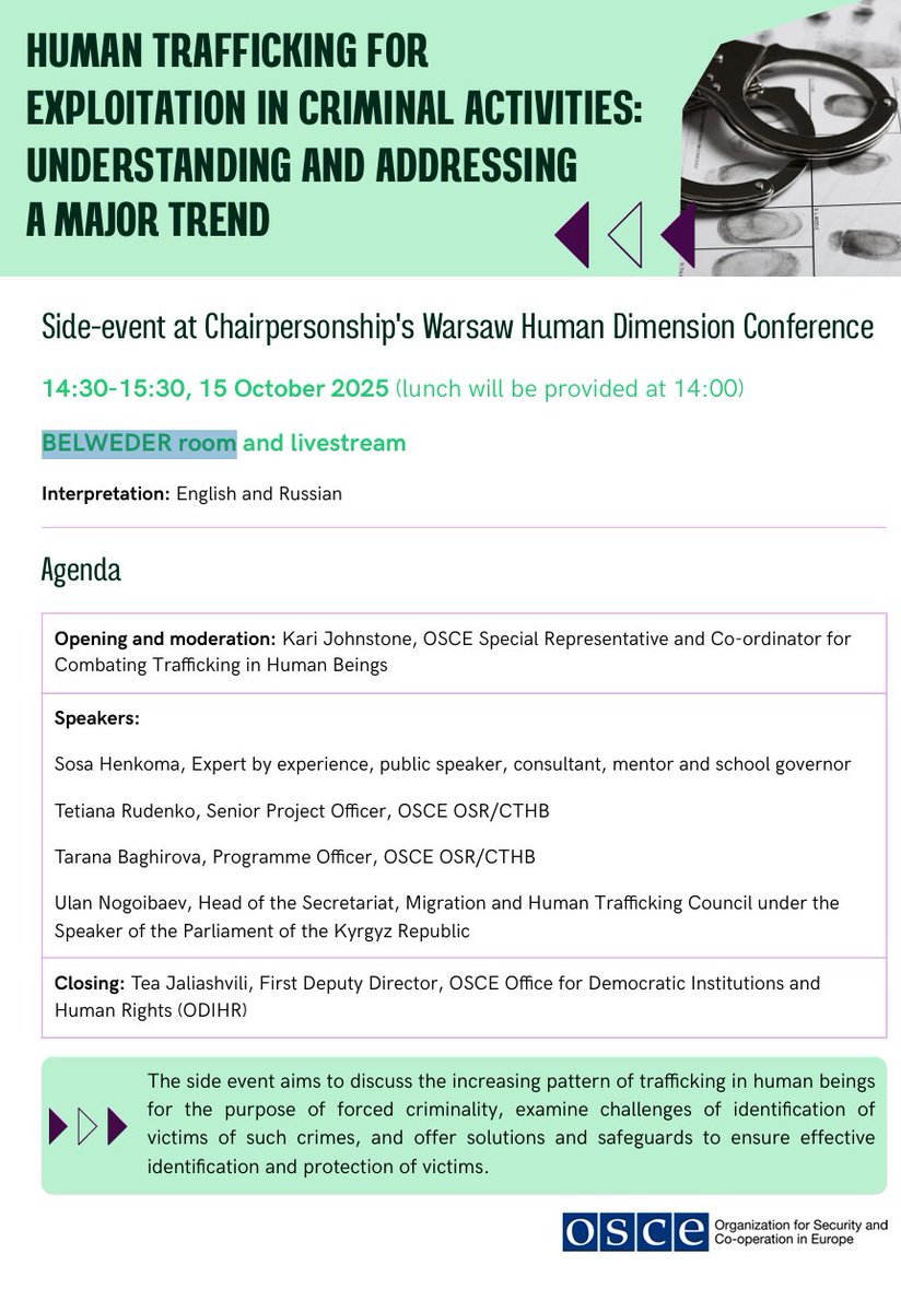 Warsaw Human Dimension Conference Side Event – Human trafficking for exploitation in criminal activities: Understanding and addressing a major trend – Organization for Security and Co-operation in Europe