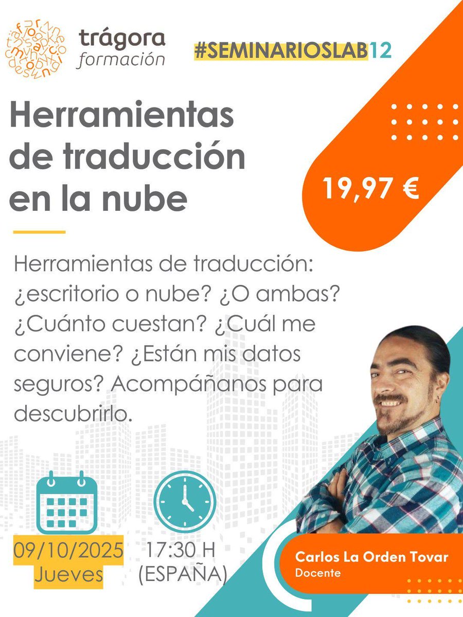 Ciberseminario #SeminarioLAB #TrágoraLAB

     «Herramientas de traducción en la nube»
     <a href="/insideloc/">InsideLoc</a> 👩🏻‍💻👨🏻‍💻

<a href="/tragora4macion/">Trágora Formación - Escuela de Traducción</a>, 9 de octubre.
Info: tragora.thrivecart.com/seminariolab-h…