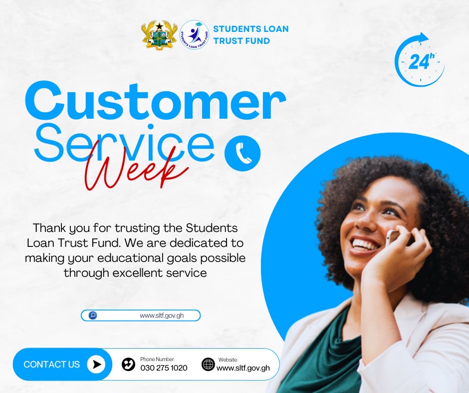 sltf_ghana's tweet photo. Happy Customer Service Week!
At the Students Loan Trust Fund, we value your trust and remain committed to helping you achieve your educational dreams through excellent customer service.
#customerserviceweek #customerservice #sltfupdates https://t.co/Q28o3pNFmf