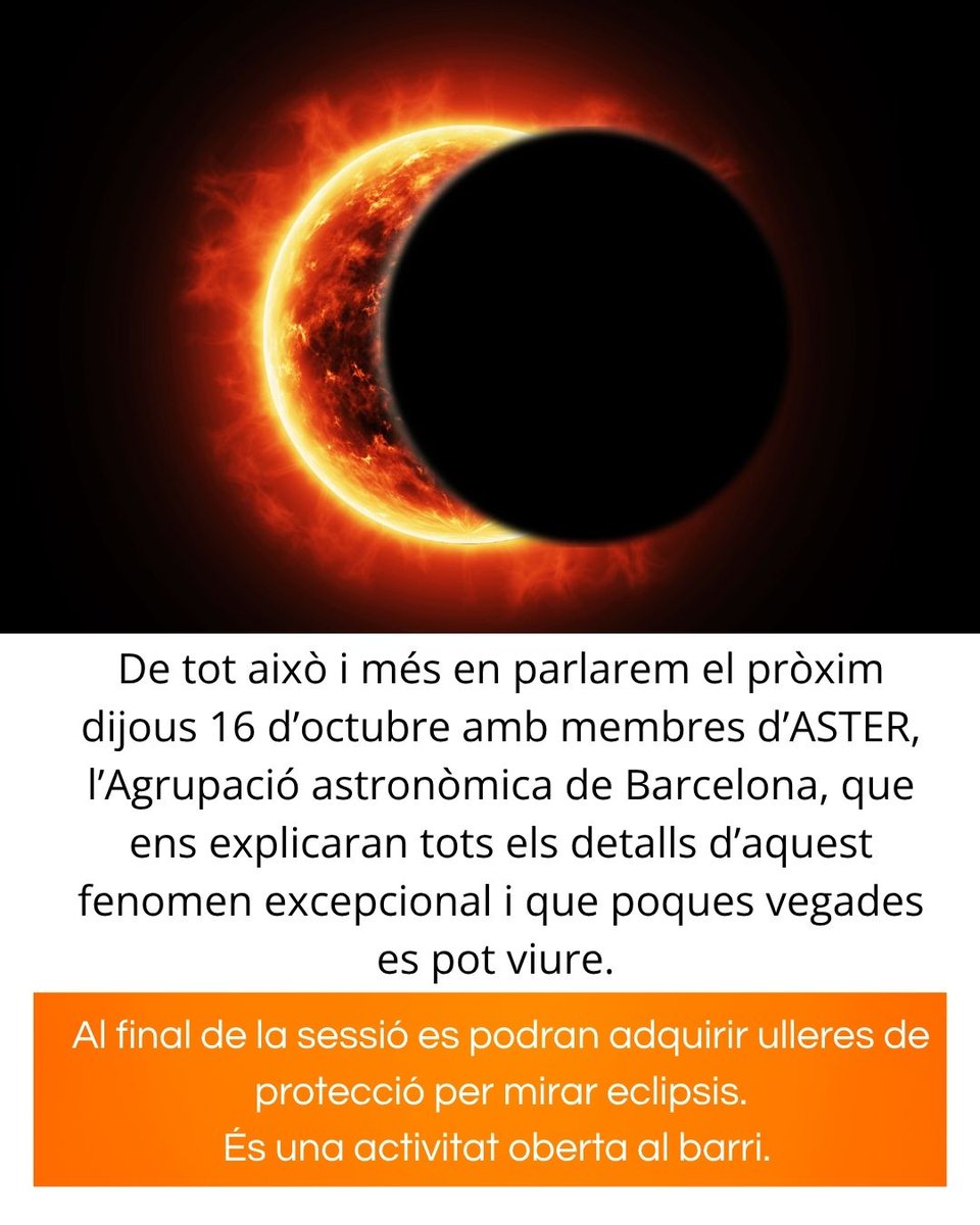 SagratCorDip's tweet photo. 📣 NOVETAT!!!! “Tardes de ciència”
La primera xerrada la farà @asterbarcelona i serà sobre eclipsis de Sol.
📆 Dijous 16 octubre, a les 18h
📍 Sala d'actes Sagrat Cor Diputació (Diputació, 328)
Entrada lliure amb aforament limitat. https://t.co/Af8ovarS0E