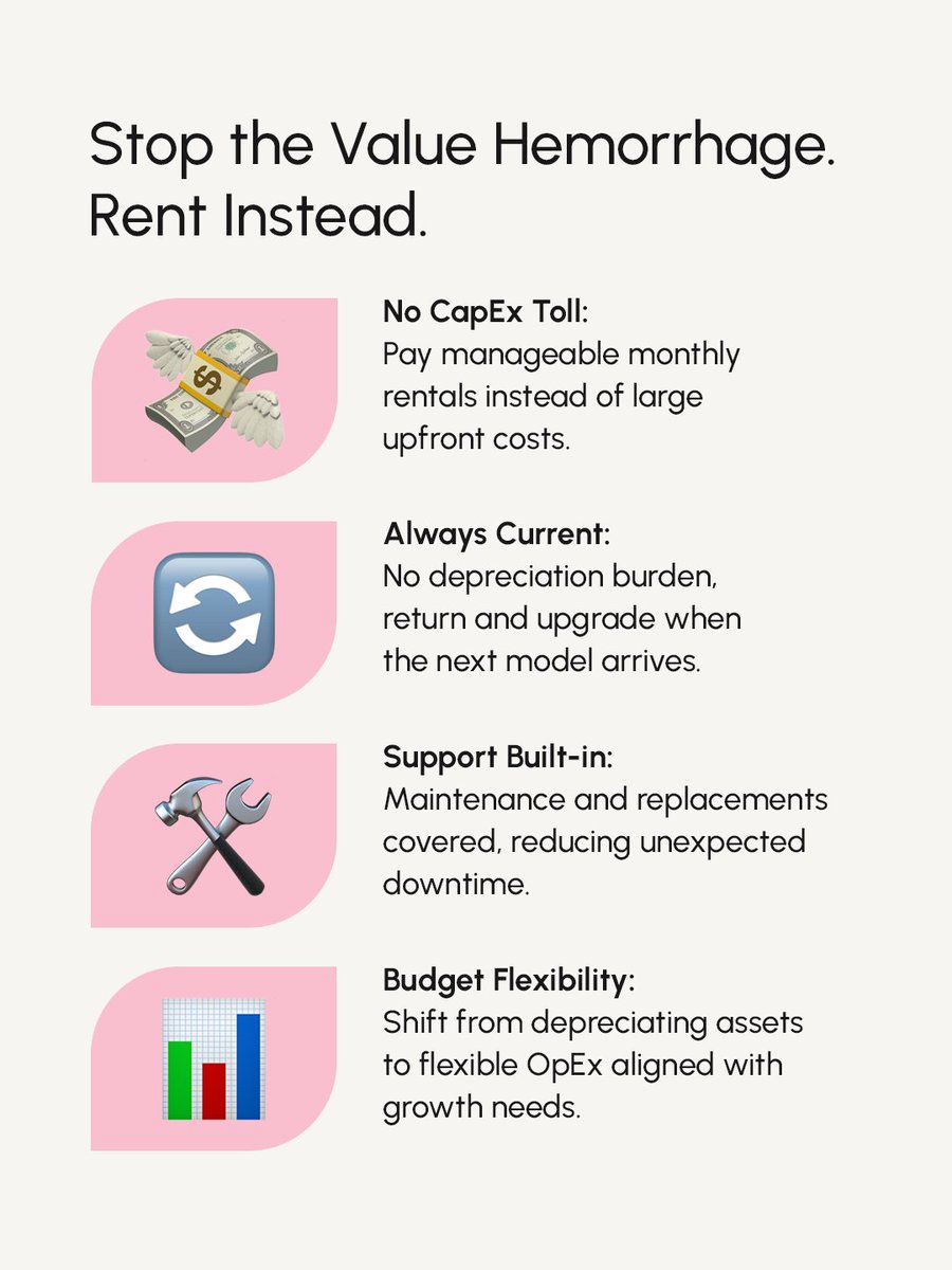 rent_get's tweet image. Hardware loses up to 25% of its value every year. 💸
Idle desktops and delayed upgrades quietly drain profits.
Switch to IT rentals — fewer sunk costs, more flexibility, smarter asset use.
Swipe to see what you could be saving.
#ITRental #AssetManagement #GetItRent