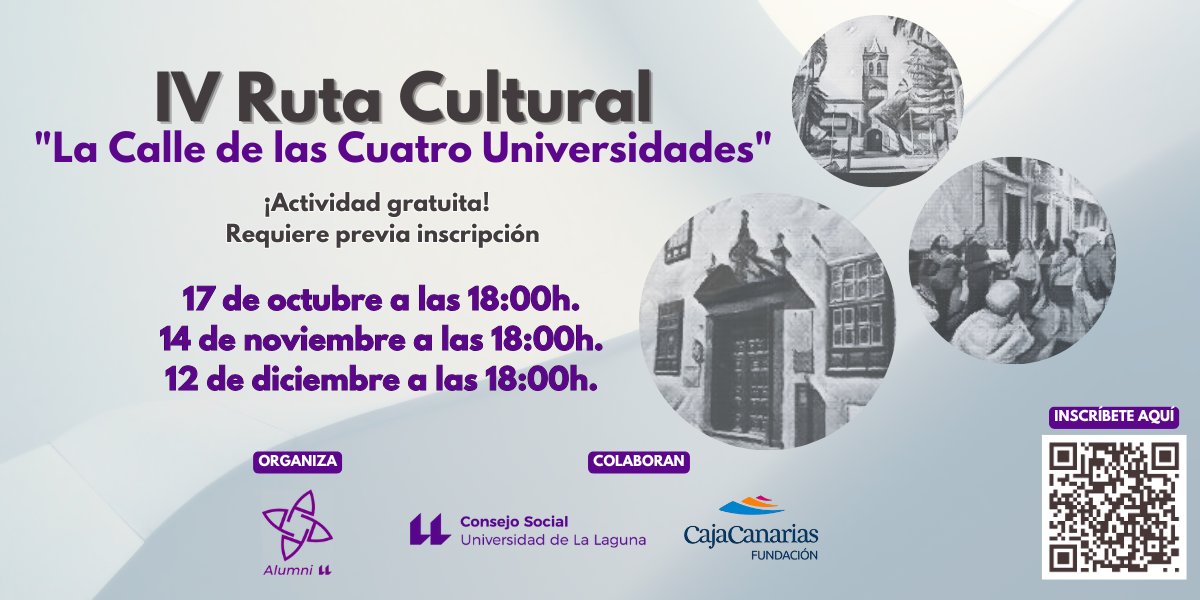 Alumni ULL (@alumniull) on Twitter photo #AlumniULL, con la colaboración del Consejo Social de la <a href="/ULL/">Universidad de La Laguna</a> y Fundación CajaCanarias, te invitan a la IV edición de la ruta cultural "La calle de las cuatro universidades".
👉 Reserva ya tu plaza a través de nuestra web: alumniull.es/series/iv-ruta… #AlumniULL, con la colaboración del Consejo Social de la <a href="/ULL/">Universidad de La Laguna</a> y Fundación CajaCanarias, te invitan a la IV edición de la ruta cultural "La calle de las cuatro universidades".
👉 Reserva ya tu plaza a través de nuestra web: alumniull.es/series/iv-ruta…