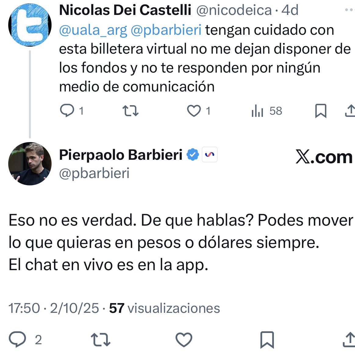 nicodeica's tweet photo. @pbarbieri @uala_arg 
Día 5 sin poder disponer de los fondos!!
Y me decís que “eso no es verdad”
Por x por chat por correo!!!! Por todos los medios 
Me falta algún medio de contacto más? https://t.co/3K9p2sqxx3