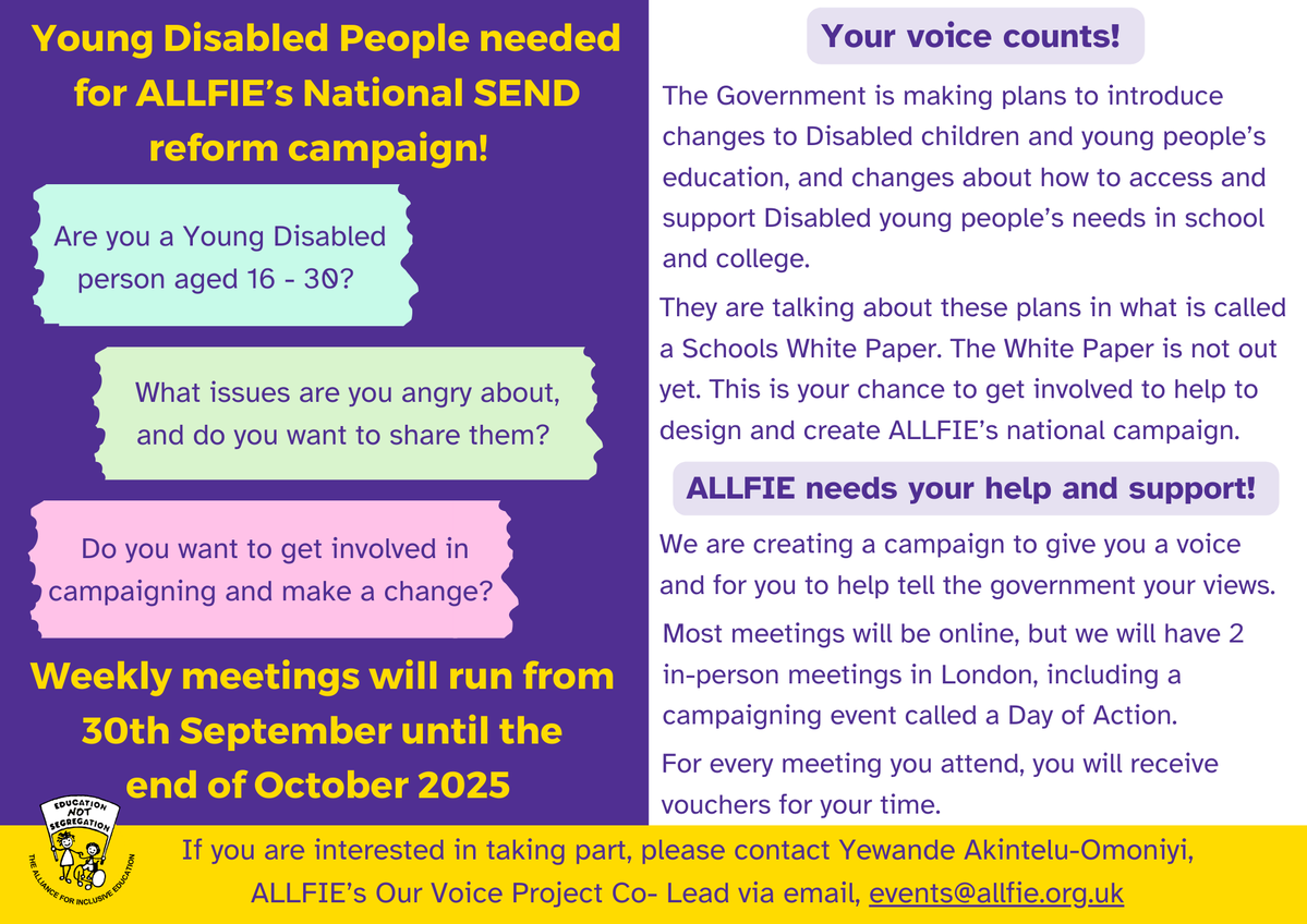 Deaf Unity (@deafunity) on Twitter photo ALLFIE are currently looking for young Disabled people to be part of their campaign around the Government’s upcoming National SEND reforms and the Schools’ White paper.
Please email: events@allfie.org.uk with the subject "National SEND campaign". ALLFIE are currently looking for young Disabled people to be part of their campaign around the Government’s upcoming National SEND reforms and the Schools’ White paper.
Please email: events@allfie.org.uk with the subject "National SEND campaign".
