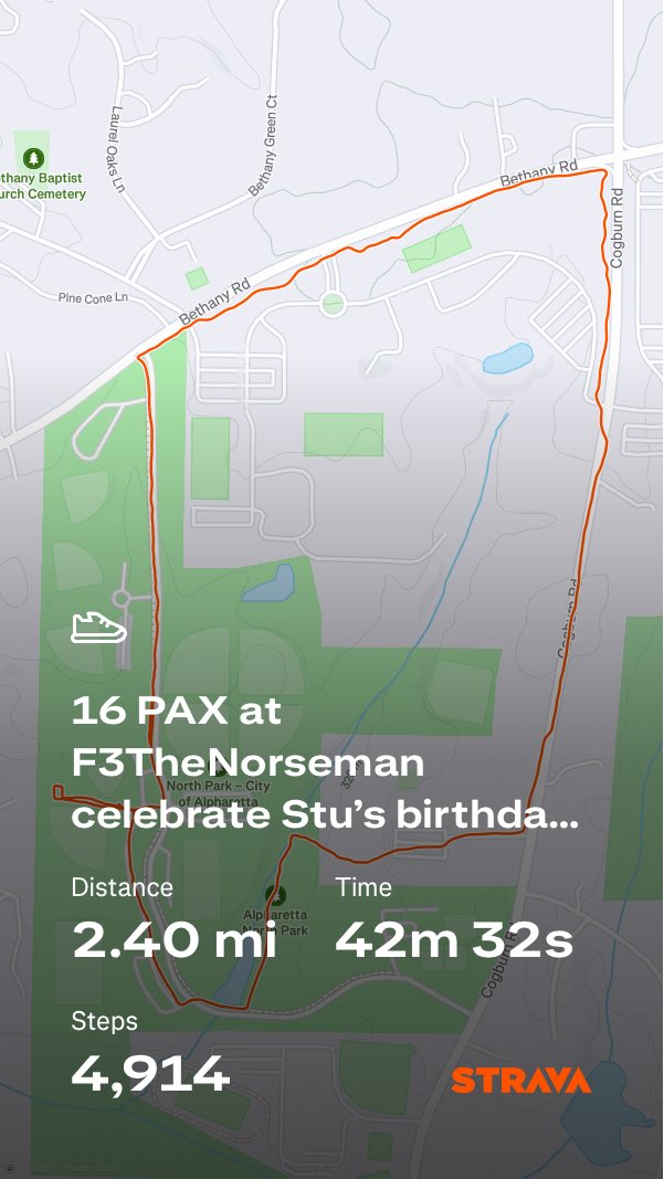 16 PAX at F3TheNorseman celebrate Stu’s birthday <a href="/F3Alpha/">F3 Alpha</a>

strava.app.link/384gDjOKgXb