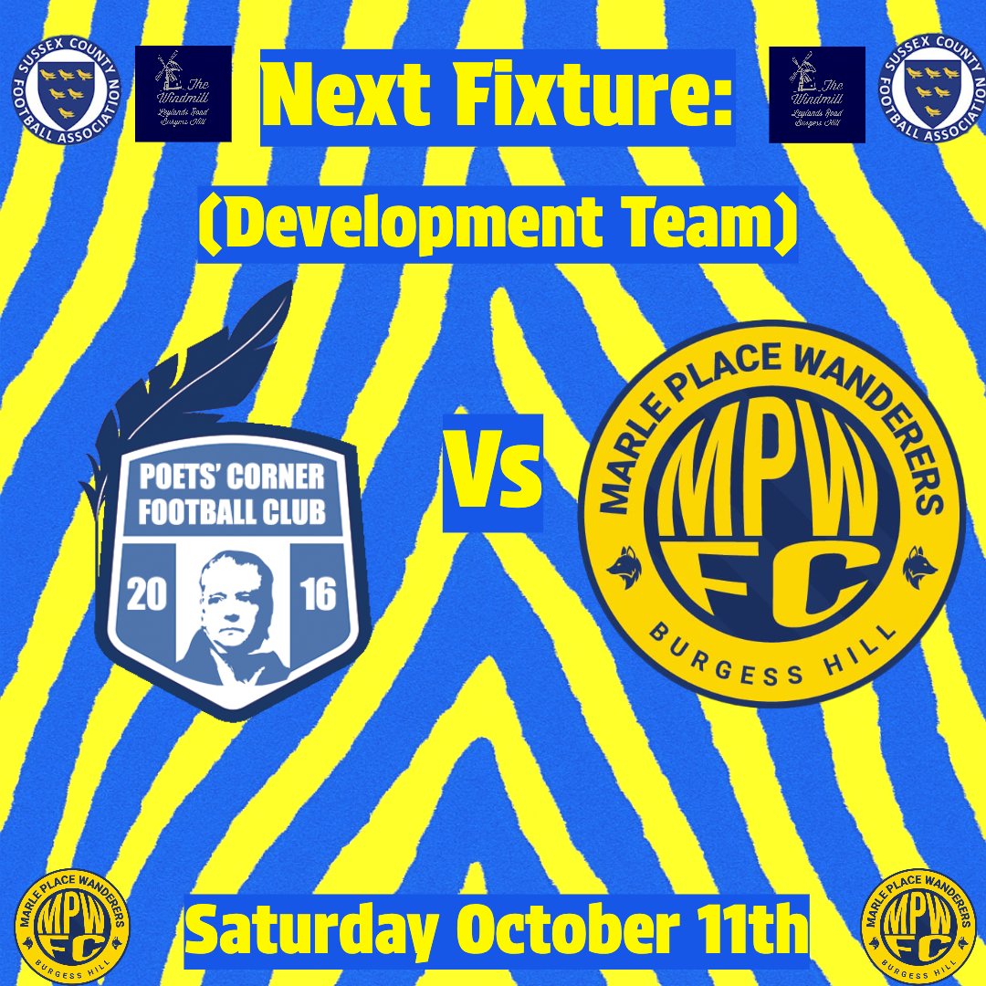 NEXT FIXTURE (DEV TEAM)

Our development side will look to continue their strong start to the Division 5 South campaign with an away trip to Hove to face off against Poets Corner FC