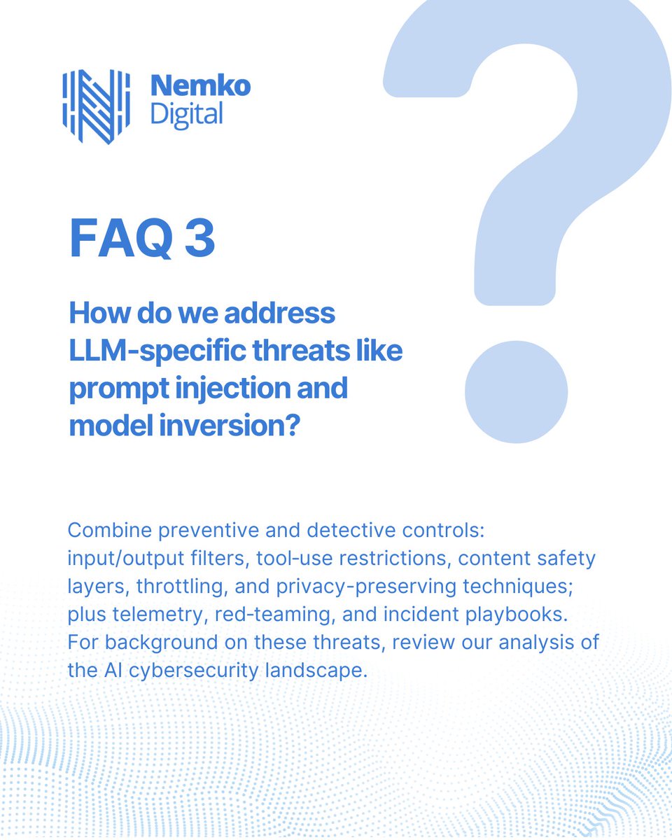 DigitalNemko's tweet photo. AI Security Auditing FAQs: What Enterprises Need to Know 🛡️

Full FAQ: https://t.co/O04I61xRQq

#AISecurity #AIAudit #EnterpriseAI #NISTAIRMF #ISO #MLOps #Cybersecurity #RiskManagement https://t.co/x9chLSM3HD