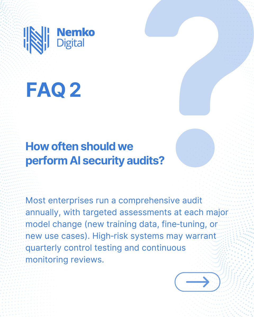 DigitalNemko's tweet photo. AI Security Auditing FAQs: What Enterprises Need to Know 🛡️

Full FAQ: https://t.co/O04I61xRQq

#AISecurity #AIAudit #EnterpriseAI #NISTAIRMF #ISO #MLOps #Cybersecurity #RiskManagement https://t.co/x9chLSM3HD