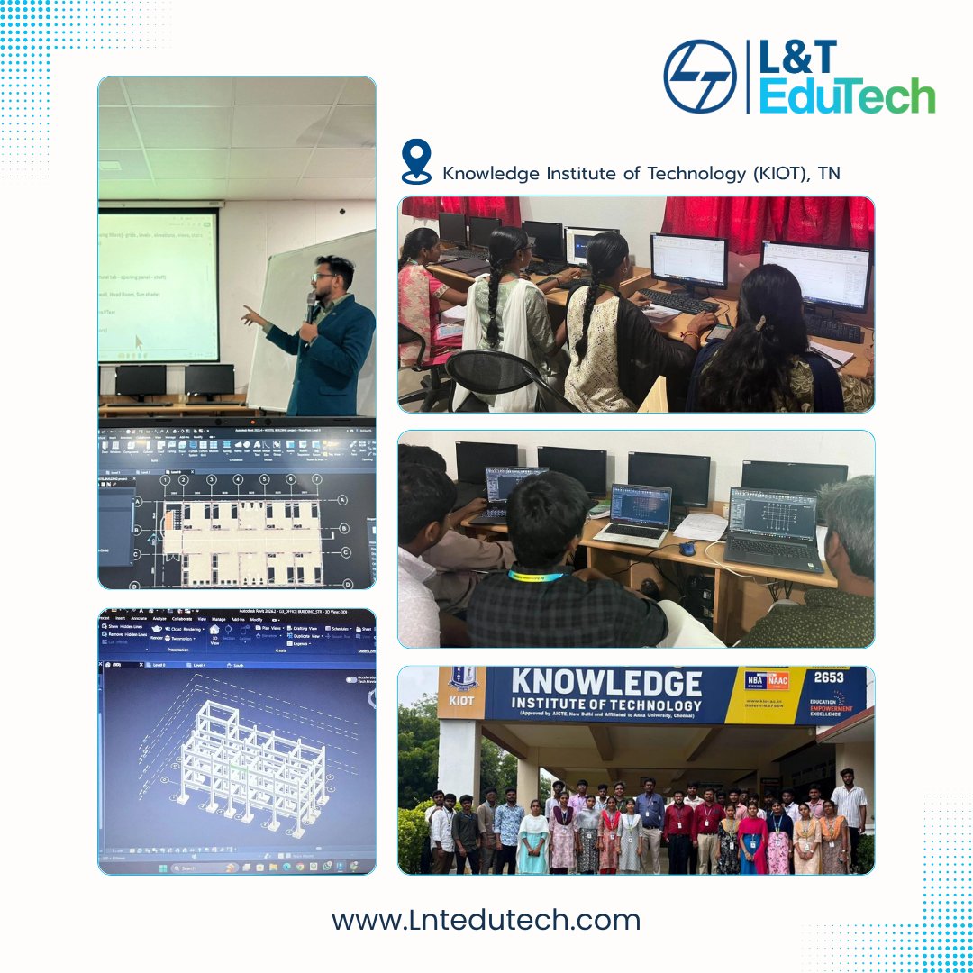 lntedutech's tweet image. L&amp;amp;T EduTech empowered Civil Engineering students with hands-on BIM training. At KIOT, Thangaperumal S led a 5-day session on Revit and Navisworks. Experts Anu M R and Muneeswaran M conducted sessions across colleges, bridging theory with real-world industry practices.
#LnTEduTech