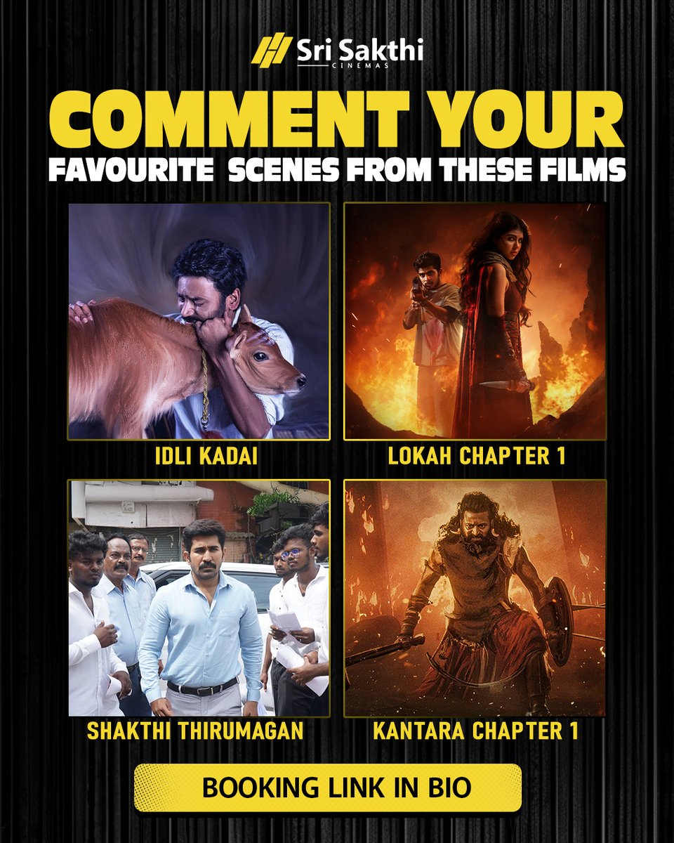 srisakthicinema's tweet image. Ellame pudichuruntha..adhayum comment la sollunga🤩

Experience the CINEMA only on screens @srisakthicinema 

#IdliKadai #LokahChapter1 #ShakthiThirumagan #KantaraChapter1
