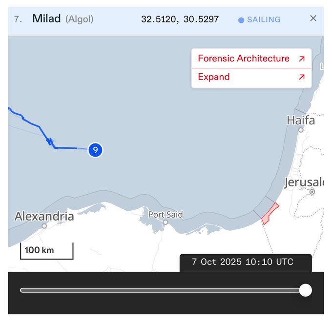 Map displays a blue sea area with a blue route line from Alexandria to Haifa marked by a blue ship icon labeled 7 Milad Alqol at coordinates 32.6120 30.5827 showing sailing status red highlighted areas near Port Said and Jerusalem landmasses in beige Forensic Architecture watermark present timestamp 7 Oct 2025 10:10 UTC expand button visible