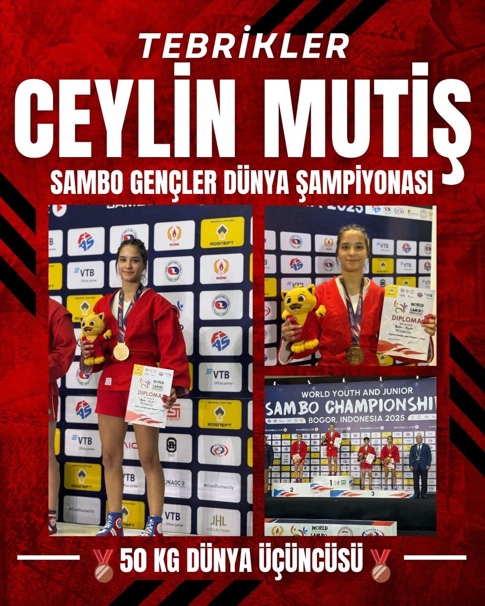 02-06 Ekim 2025 tarihleri arasında Endonezya'da düzenlenen Sambo Gençler Dünya Şampiyonasında milli sporcumuz Ceylin Mutiş, 50 kg kategorisinde dünya üçüncüsü olarak büyük bir başarıya imza attı.

<a href="/OA_BAK/">Dr. Osman Aşkın Bak</a> 
<a href="/hamzayerlikaya/">Hamza Yerlikaya 🇹🇷</a> 
<a href="/fjuysal/">Fatih UYSAL</a> 
<a href="/gencliksporbak/">Gençlik ve Spor Bakanlığı 🇹🇷</a> 
<a href="/GSBsporgm/">Spor Hizmetleri Genel Müdürlüğü</a>
