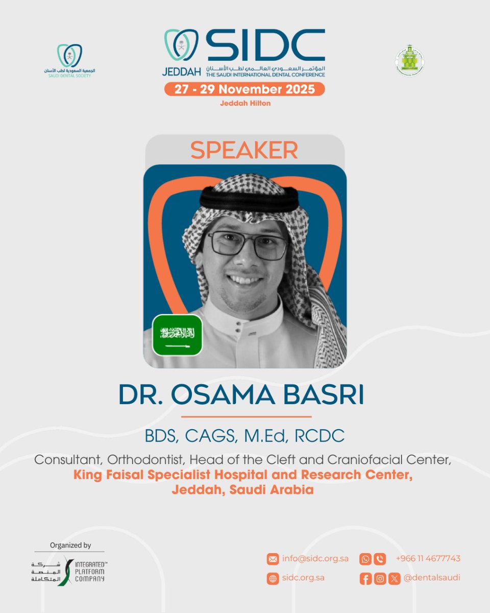 DentalSaudi's tweet photo. We’re excited to welcome Dr. Osama Basri as distinguished speaker 
SIDC - JEDDAH2025 

📅 27 - 29 November 2025
📍Jeddah Hilton https://t.co/C3mUlOEXBE