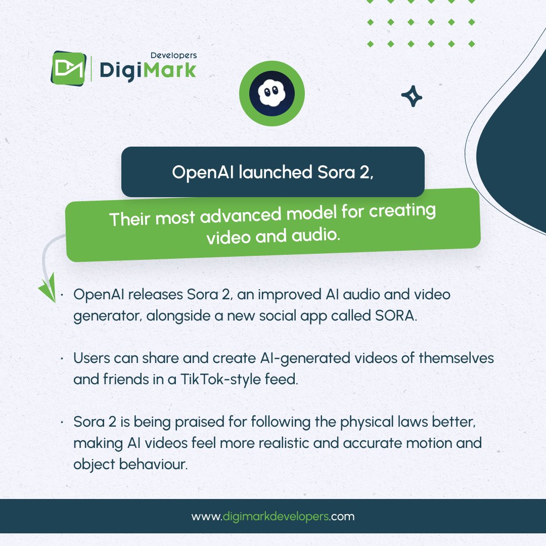 Digimarkdevs's tweet photo. 📌OpenAI launches Sora 2 a major upgrade to its video and audio AI.👇
Follow @Digimarkdevs  for more updates like these!
#Sora2 #ElonMusk #OpenAI #ChatGPT #SamAltman https://t.co/lxDLJtEcd8