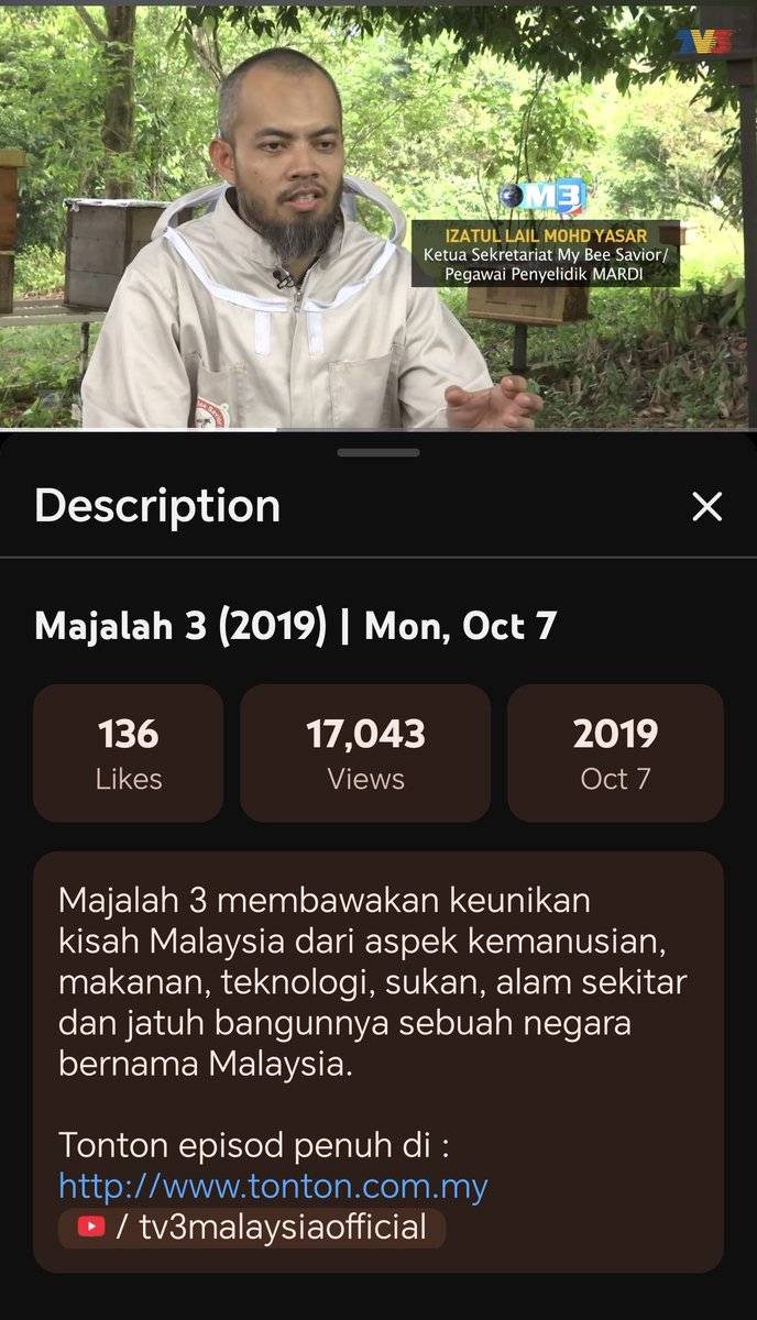penyelamatlebah's tweet photo. 7 Oktober 2019, enam tahun yang lalu kami pernah masuk dalam Majalah 3, @tv3malaysia  siaran penuh satu jam.

Tonton semula di channel YT TV3, cari "MY Bee Savior Majalah 3"

Jom bersama kami selamatkan lebah. #mybeesavior #penyelamatlebah #selamatkanlebah #savethebees https://t.co/qdq0fW54qG