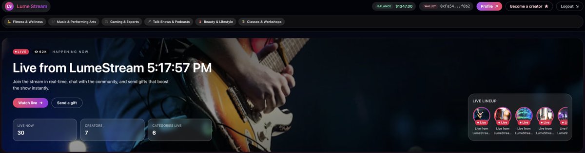 Lumestream_'s tweet photo. We’ve been quietly building something bold.
The MVP of Lume Stream is now live internally, real-time crypto payouts, creator dashboard, and AI-driven safety tools are taking shape.

Here’s a sneak peek ⬇️

#buildinpublic #web3 #LumeStream #blockchain https://t.co/BS5YUwuC1n