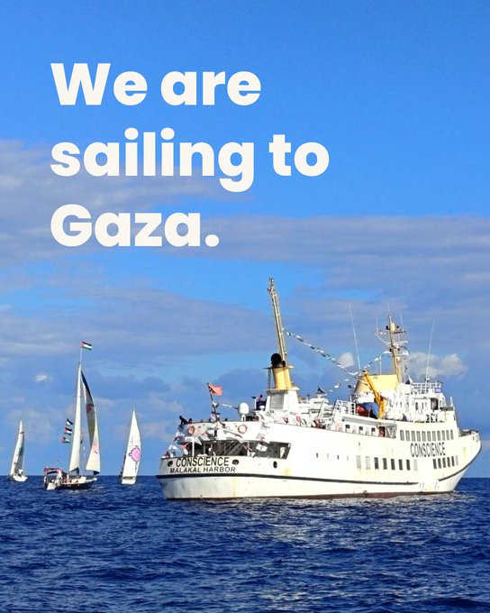 A white ship named Conscience sails on the sea under a clear blue sky with scattered clouds, surrounded by several smaller sailboats and yachts with flags, people visible on the decks of the main ship and accompanying vessels, text overlay reads We are sailing to Gaza.
