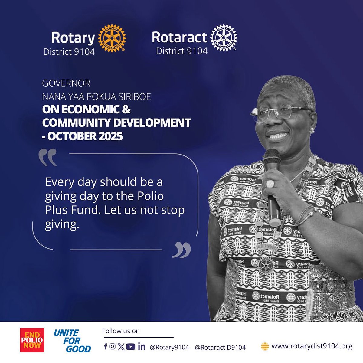 Rotary9104's tweet photo. 🔥 TUESDAY GIVING🔥

💡 Governor Nana Yaa Siriboe appeals:💡
_"Every day should be a giving day to the Polio Plus Fund. Let us not stop giving."_ 💖

🌟 Join us in supporting a polio-free world! 🌍 by donating through https://t.co/ypb1tMvNAv

Support End Polio Now🔴⚡ https://t.co/4CT8WG5IEB