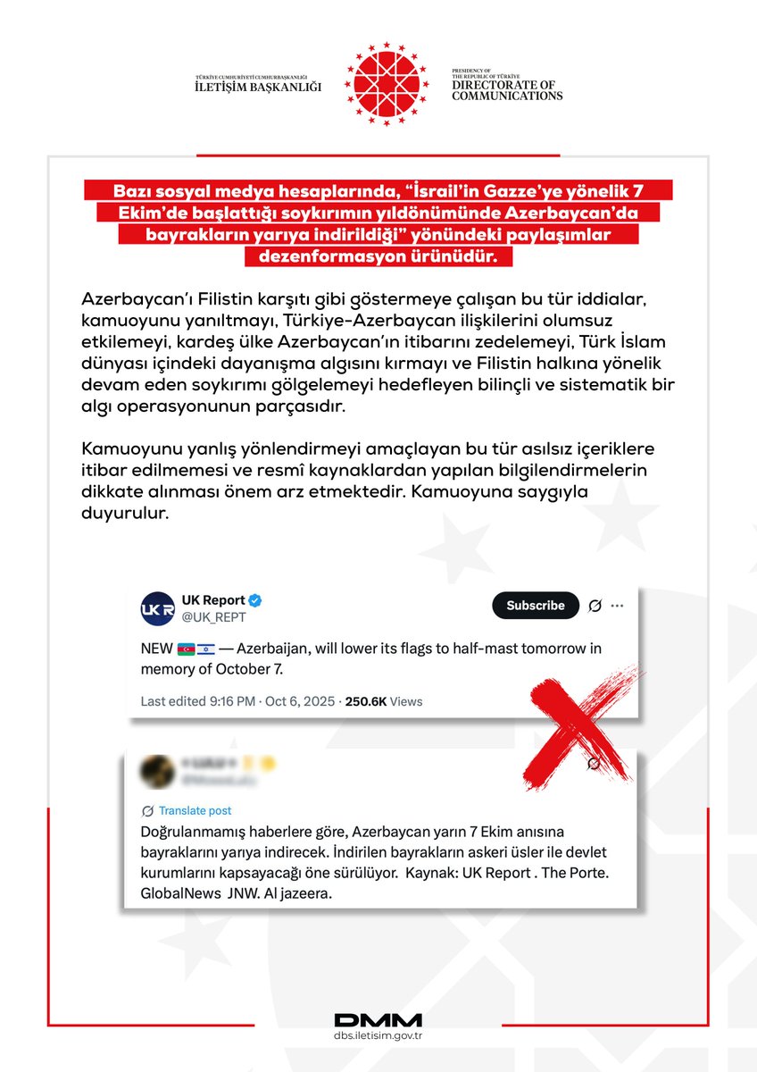 Screenshot of a BBC tweet stating New post by Azerbaijan will lower its flags to half-mast tomorrow in solidarity with Gaza marked with red X over the text. Includes blurred profile image and usernames. Bottom section shows Turkish text explaining the disinformation about Azerbaijan and Israel-Gaza conflict with DMMM logo and red X marks. UK flag and BBC logo visible.