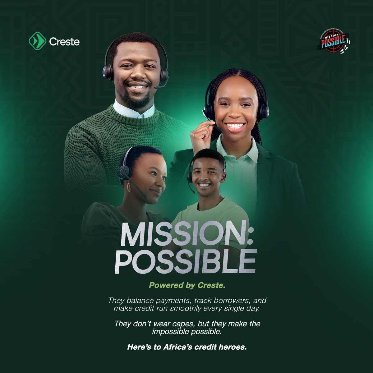 usecrestehq's tweet photo. Every day, credit teams across Africa take on the impossible: managing payments, partners, and customers all at once.
This #CustomerServiceWeek, we’re celebrating you; the teams that keep credit flowing, one smart decision at a time.
Mission:Possible💪🏾
#MissionPossible #Creste https://t.co/cM8ZxUKYfu
