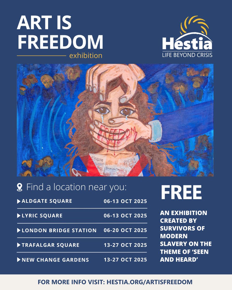 The #ArtIsFreedom exhibition created by survivors of #ModernSlavery is open across London! 

🤝 Huge thanks to our partners at @hestia1970 for making this vital work possible.

Make sure you go and see the work while it's on show!