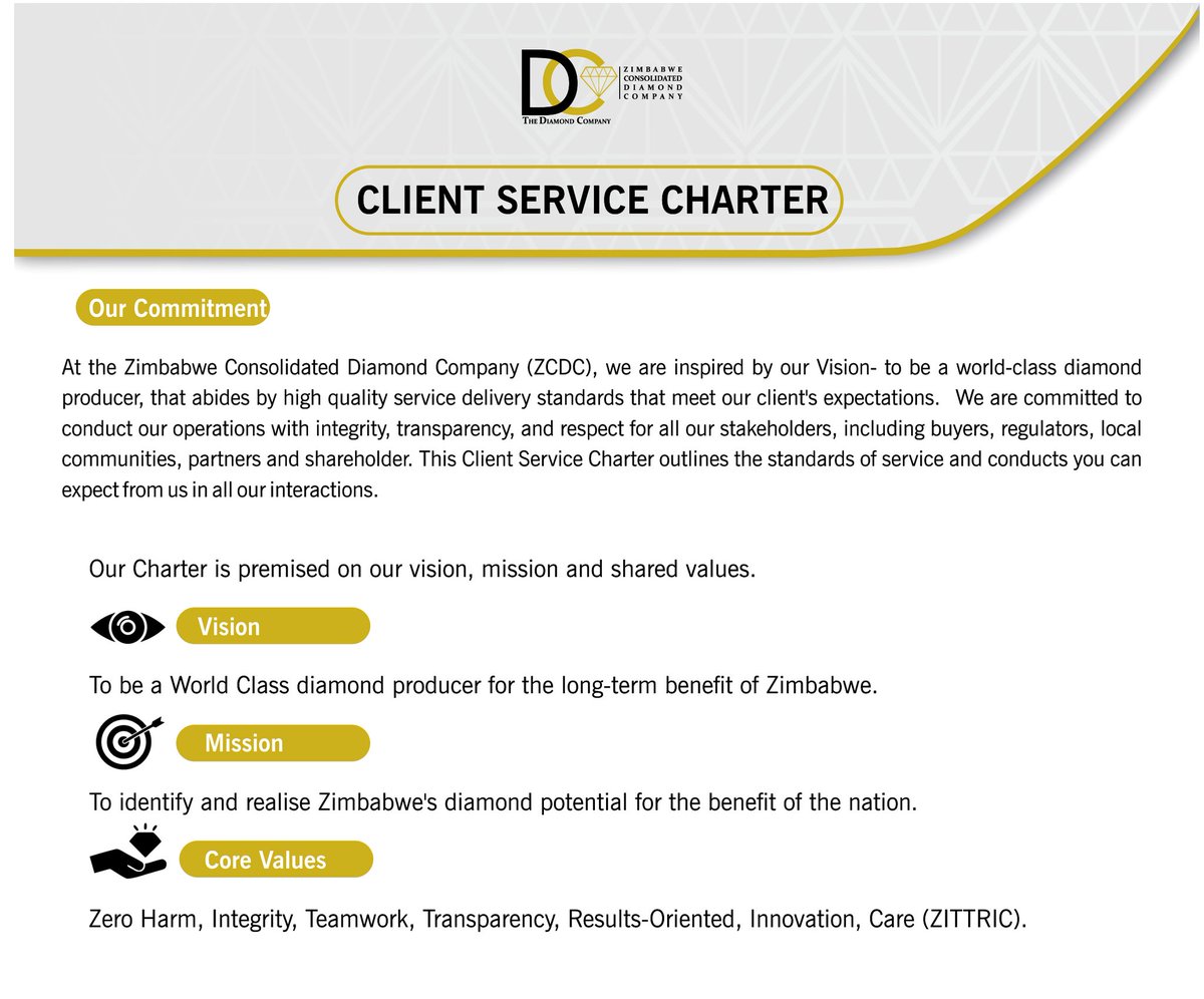 Happy Customer Service Week!
We are Proud to launch our Client Service Charter inspired by our Vision - to be a world-class diamond producer that abides by high-quality service delivery standards that meet our client's expectations.  
zcdco.com/download/clien…