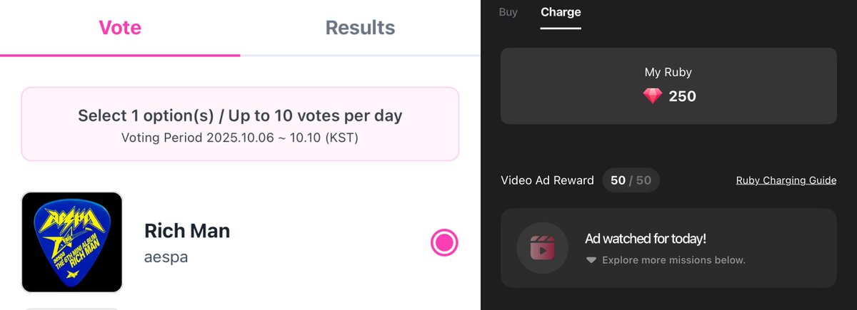 📢 Voting Reminder!

🗳 INKIGAYO Pre-Vote 🚨Out of Top 3!🚨
📱 LiNC App
🗓 Until October 10, 11:59PM KST
✅ Vote 10x/acc/day

🔜
🗳 INKIGAYO Live Voting 
📱 Higher App
💎 Collect 250 Rubies/acc (multiple accounts allowed!)
🗓 October 12
✅ 5 votes / 250 rubies/acc

#aespa #에스파