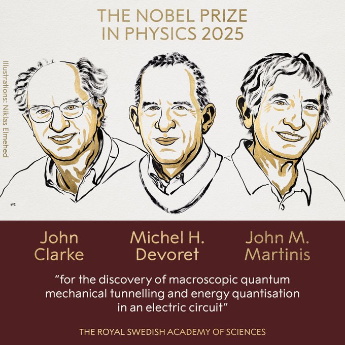 Illustrative graphic featuring three male scientists with white hair and glasses, depicted in line drawing style with neutral expressions, wearing collared shirts. Text overlay reads The Nobel Prize in Physics 2025, names John Clarke, Michel H. Devoret, John M. Martinis below each portrait. Citation states for the discovery of macroscopic quantum mechanical tunneling and energy quantisation in an electric circuit. Footer mentions The Royal Swedish Academy of Sciences.