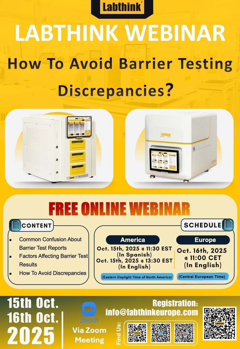 LabthinkGmbH's tweet image. 📌Upcoming Webinar | How To Avoid Barrier Testing Discrepancies?
🌎 America: Oct 15, 2025 @ 11:30 EST (Spanish) | 13:30 EST (English)
🌍 Europe: Oct 16, 2025 @ 11:00 CET (English)
💻 Free Registration: lnkd.in/esadwENW
#Labthink #Webinar #PackagingTesting #QualityControl