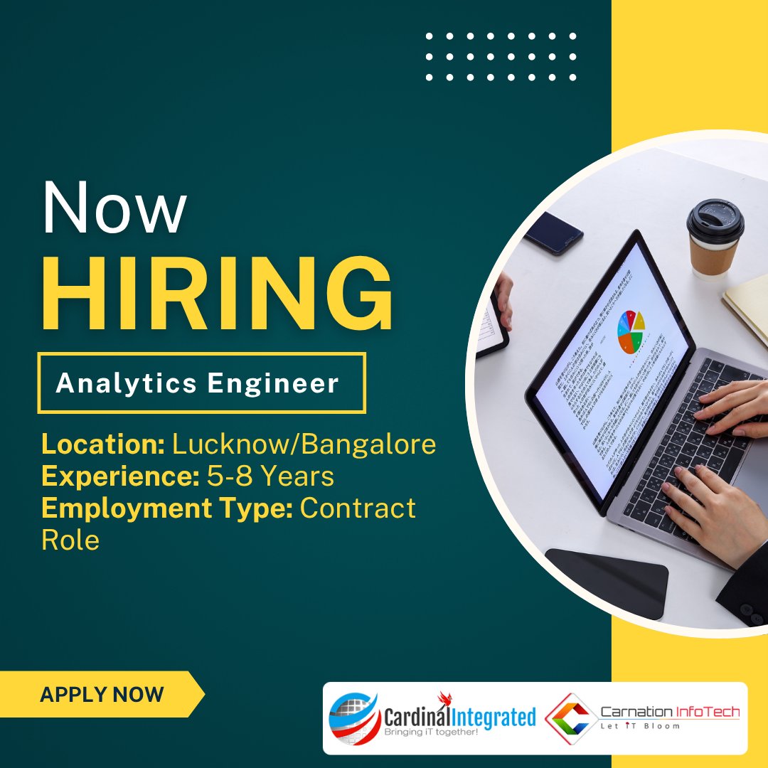 Int_Cardinal's tweet image. #Hiring
✅SAP APO/PPDS Specialist
Location: Any UST India Location
Exp: 7+ years
✅Analytics Engineer
Locat: Lucknow/Bangalore
Exp: 5-8 Years | Contract Role
✅Consultant .NET
Location: Bangalore | Remote | Contract Role
Exp: 3 - 6 Years
Email at shivangi.rai@carnationit.com