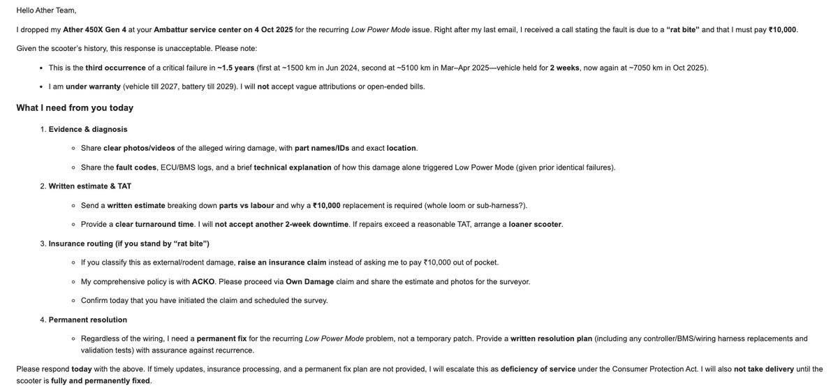 Vishwa_prog's tweet image. Got a call saying it’s a “rat bite” &amp;amp; I must pay ₹10k. This is the 3rd Low Power Mode failure in 1.5 yrs. I won’t accept vague excuses. Want proof, insurance claim, and a permanent fix. @atherenergy @tarunsmehta #ev #evscooter @swapniljain89  #ather #450x #lowpowermode