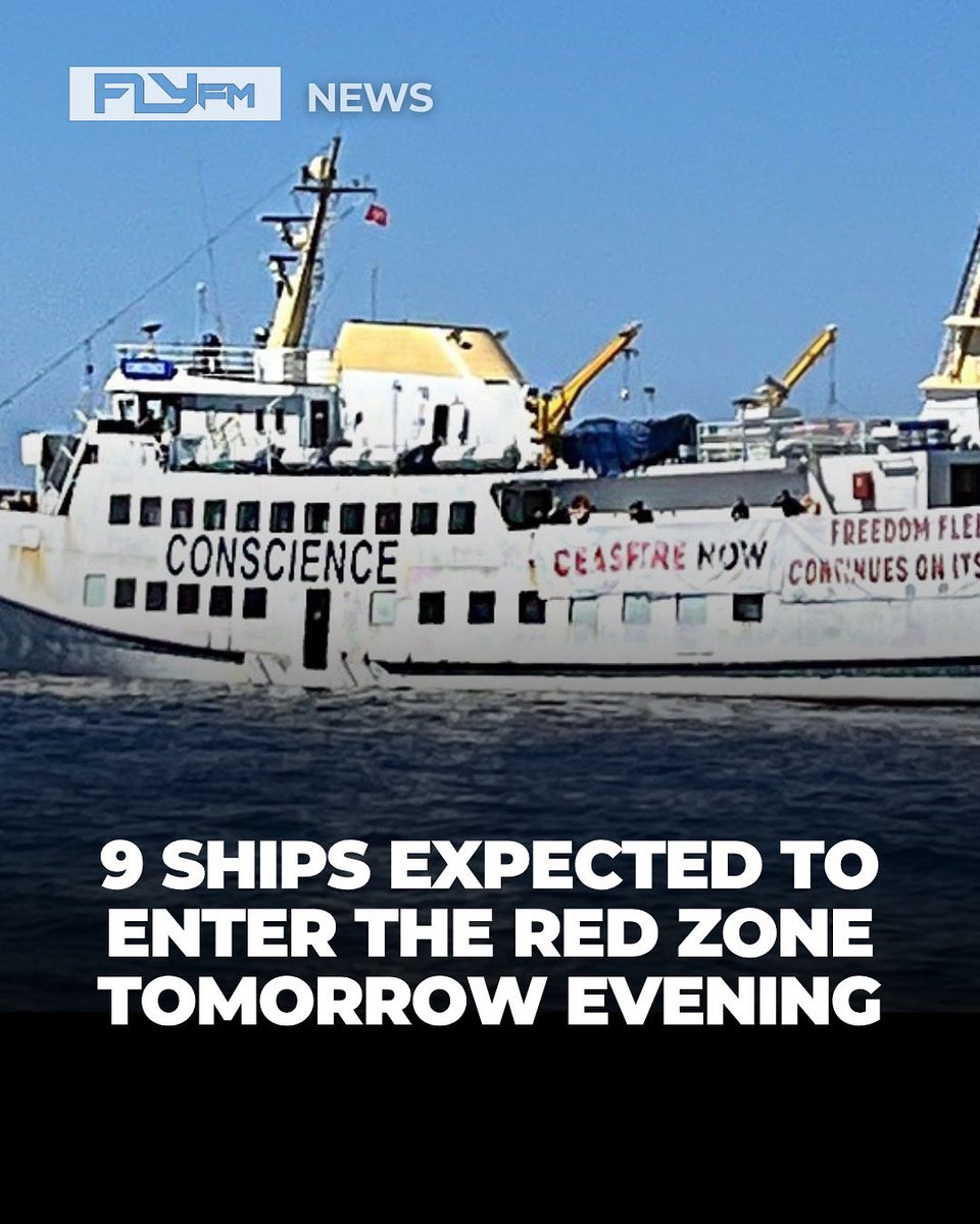 FlyFM958's tweet photo. Nine humanitarian mission vessels under the Freedom Flotilla Coalition and Thousand Madleens to Gaza (FFC x TMTG) are expected to enter the red zone at 5pm Malaysian time tomorrow.
Source: @BuletinTV3
#flyfmnews #flynews #GSF #GlobalSumudFlotilla #stand4sumud #standinsolidarity https://t.co/7BQKFjvgo7