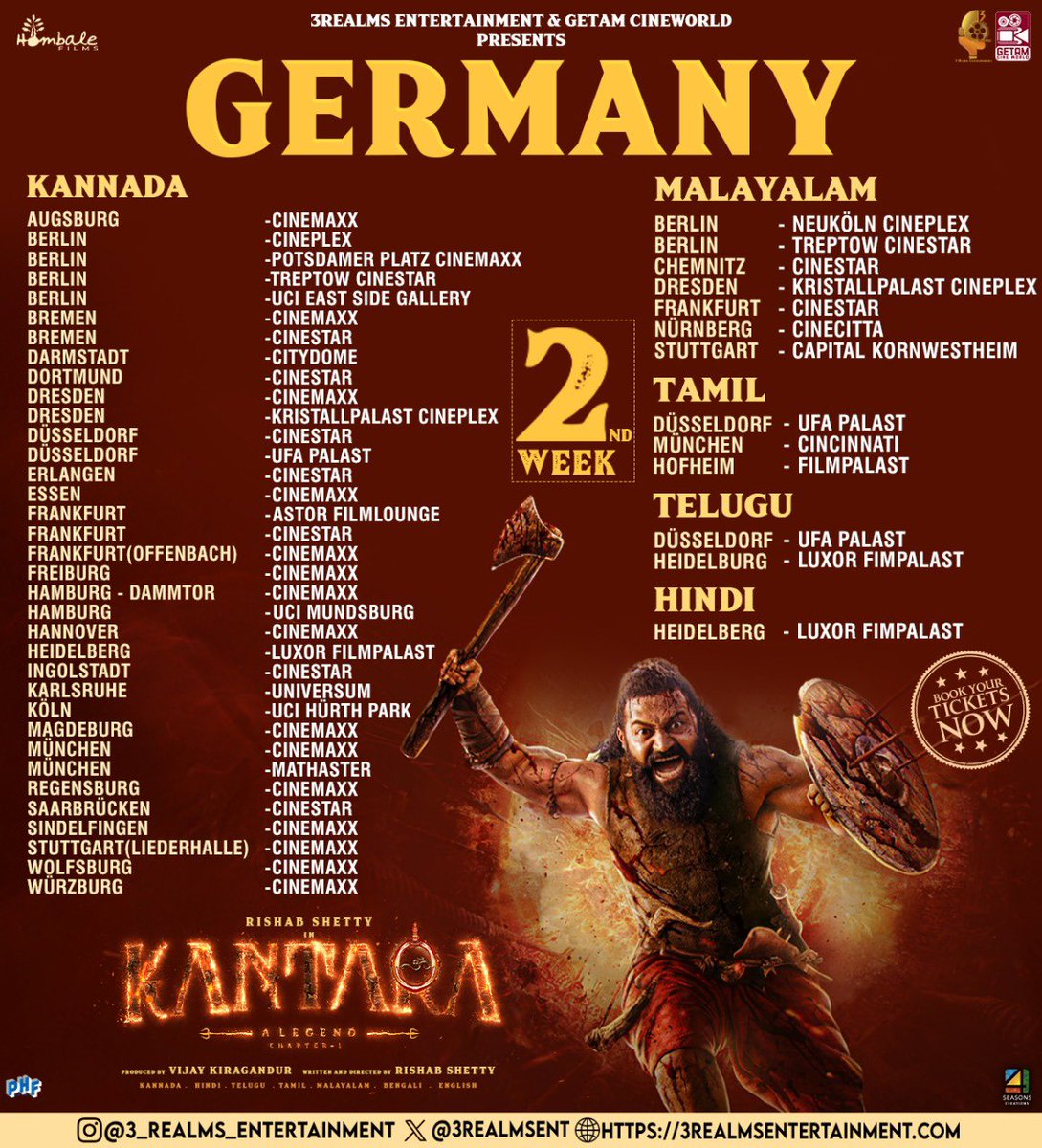 Love &amp; Epic Reviews This festive season, #KantaraChapter1 is ruling theatres all over.

Experience in cinemas near you.

Germany release by <a href="/3REALMSEnt/">3Realms Entertainment</a> 

<a href="/4SeasonCreation/">4Seasons Creations AS</a> <a href="/hombalefilms/">Hombale Films</a> <a href="/PharsFilm/">Phars Film Co LLC</a> <a href="/KantaraFilm/">Kantara - A Legend</a> <a href="/shetty_rishab/">Rishab Shetty</a> <a href="/VKiragandur/">Vijay Kiragandur</a> <a href="/ChaluveG/">Chaluve Gowda</a> <a href="/HombaleGroup/">Hombale Group</a> <a href="/gulshandevaiah/">“SuperGullu”</a>