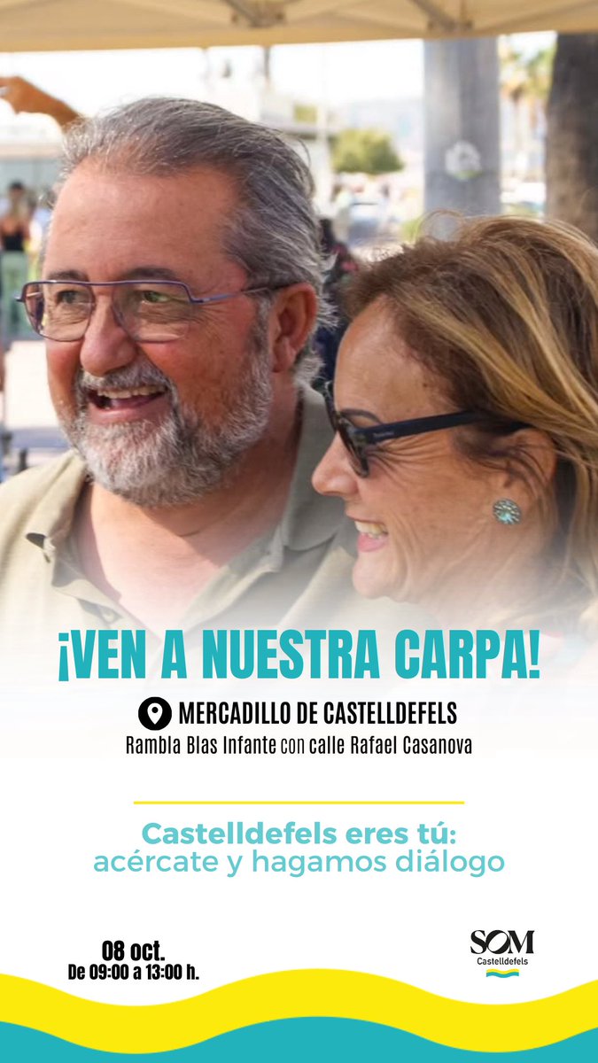 🙋 Vecinos y vecinas de #CASTELLDEFELS os invitamos a acercaros a nuestra carpa a dialogar sobre el futuro de nuestra ciudad. 

🗓️ Miércoles, 8 de octubre.
⏰ De 09 a 13 horas.
📍Mercadillo (Rambla Blas Infante con c/ Rafael Casanova).

¡Nos vemos por las calles!
