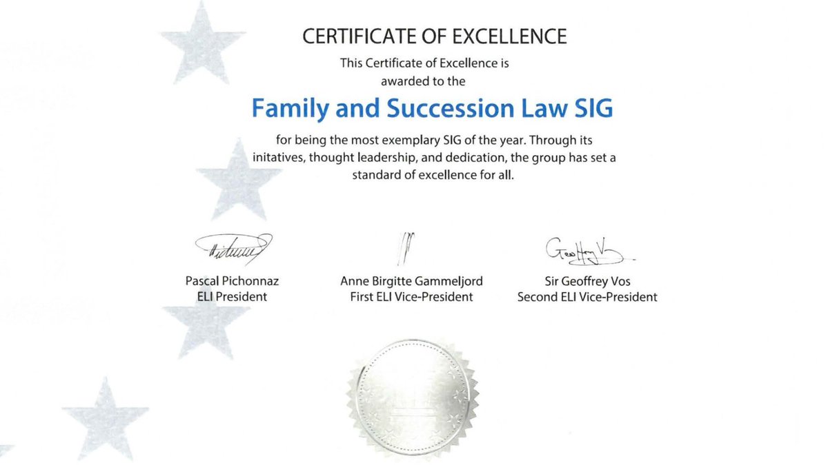 🎉 Big news! The Family &amp; Succession Law SIG has won SIG of the Year 2025 at #ELI2025! 🏆

👏 Congrats to Elena Bargelli, Francisco Javier Jiménez Muñoz, Ilaria Pretelli &amp; Gregor Christandl for their outstanding work in 🇪🇺 family &amp; succession law!
🔗 tinyurl.com/ELI2025SIG