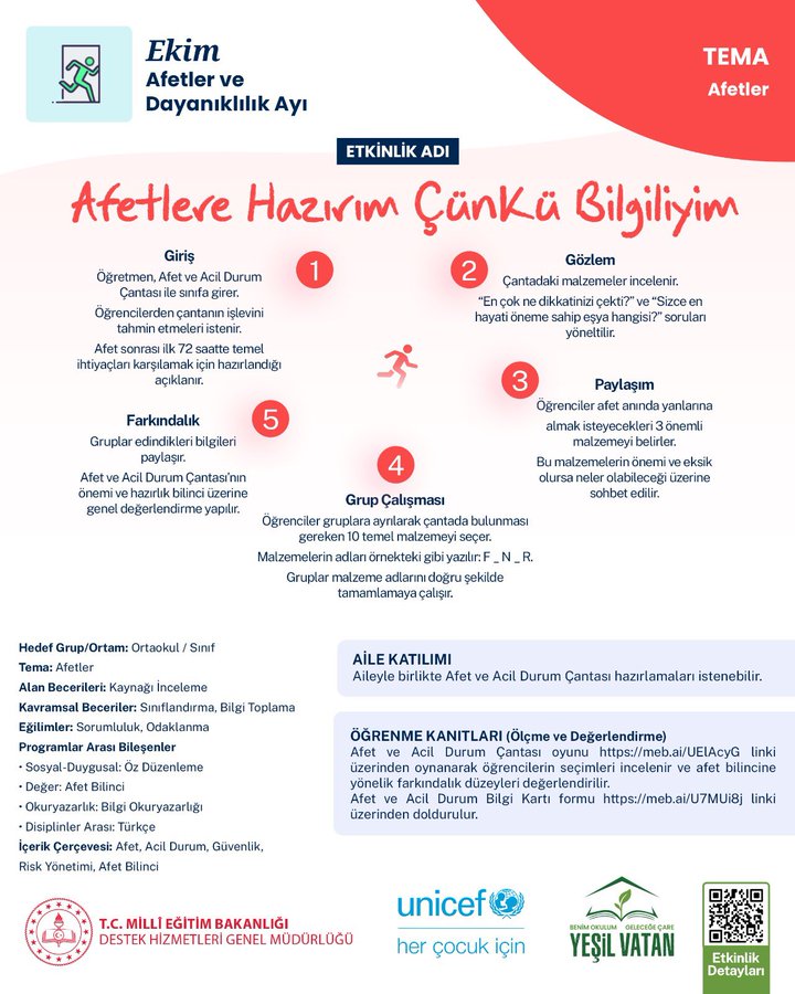 Infographic titled Afetlere Hazirim Cunku Bilgiliyim showing steps for disaster preparedness including putting oneself in safety first having water and food for at least 72 hours important documents first aid kit and power sources with illustrations of a person running and icons for each step below it lists model partnerships like family school and environment support with logos of T.C. Milli Egitim Bakanligi Destek Hizmetleri Genel Mudurlugu UNICEF and Yes Vatan at the bottom