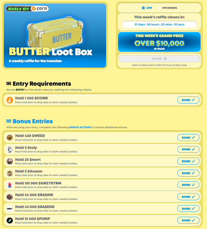Jazz_a_man's tweet image. 🧈 BUTTER Loot Box  let’s test the luck!

I joined this week’s BUTTER Loot Box raffle by @use_corn 🌽
The grand prize is worth over $10,000, and I’ve met the entry requirement - holding 1,200 $CORN.

They say the odds of winning are tiny... but hey, someone has to win, right? 😏…