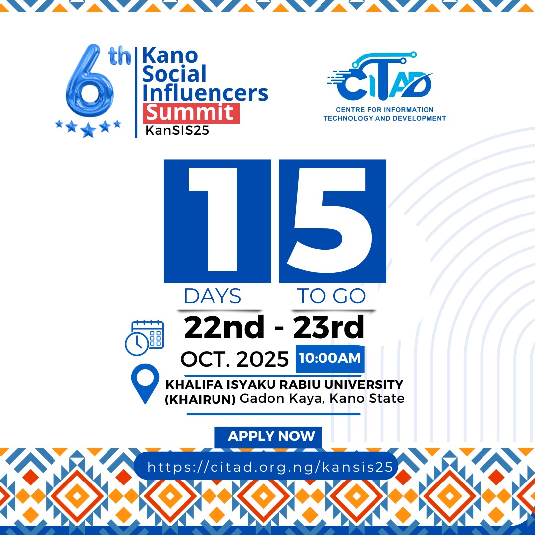 CITAD Online Radio (@citadradio) on Twitter photo In just 15 days, we will be hosting one of the biggest social influencer gatherings in the country, the 6th edition of the Kano Social Influencers Summit (#KANSIS), taking place at Khalifa Isyaku Rabi’u University, Kano. <a href="/YZYau/">Yunusa Ya'u</a> <a href="/a_sabo12/">Ali Sabo</a> <a href="/CDDWestAfrica/">CDD West Africa</a> <a href="/IsahAzare2/">Isah Azare</a> <a href="/NITDANigeria/">NITDA Nigeria</a> In just 15 days, we will be hosting one of the biggest social influencer gatherings in the country, the 6th edition of the Kano Social Influencers Summit (#KANSIS), taking place at Khalifa Isyaku Rabi’u University, Kano. <a href="/YZYau/">Yunusa Ya'u</a> <a href="/a_sabo12/">Ali Sabo</a> <a href="/CDDWestAfrica/">CDD West Africa</a> <a href="/IsahAzare2/">Isah Azare</a> <a href="/NITDANigeria/">NITDA Nigeria</a>