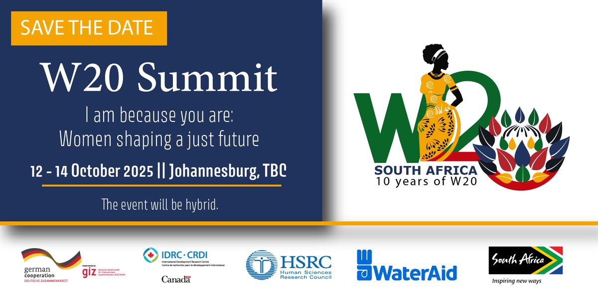 REMINDER: The #W20SA Summit will take place over 12 - 14 October 2025! 

Join us in Johannesburg or online. 

More about #W20SA here: loom.ly/ufiehzk