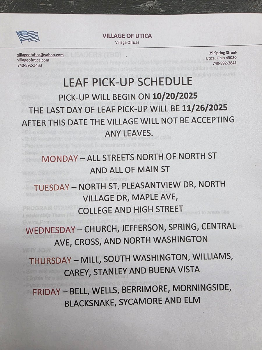 JamesQuinif's tweet photo. 🍂 Village of Utica Leaf Pick-Up 🍁

Leaf collection begins Oct 20 and ends Nov 26, 2025.
After that date, no more leaves will be accepted.

🗓 Weekly Schedule:
Mon–Fri by street (see flyer).
Let’s keep Utica clean and ready for winter! 🍂
#UticaOhio #CommunityUpdate #FallCleanup https://t.co/maZRq8iDrh