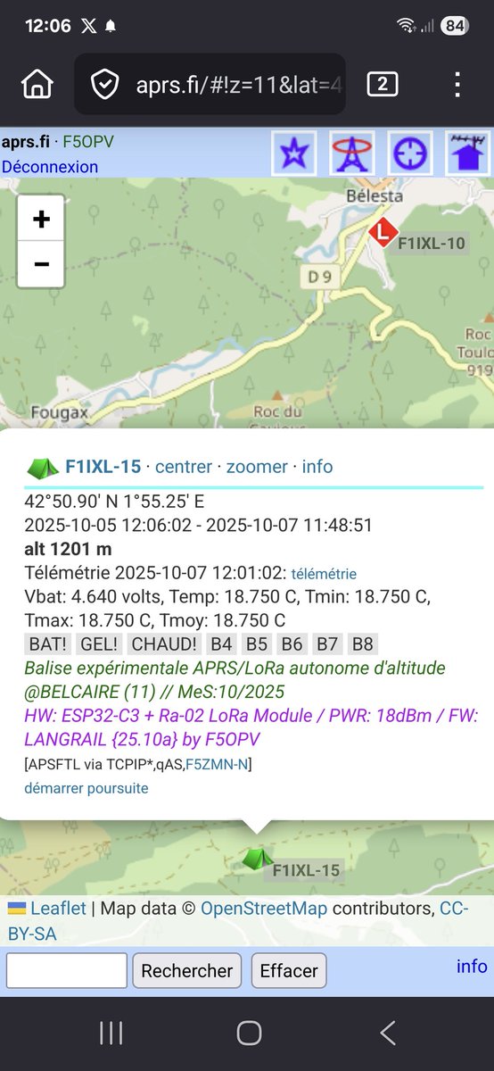 BALISE/TLM D'ALTITUDE APRS/LoRa:
3 piles 1v5, MCU Esp32-C3,
Module LoRa Ra-02 18dBm, Capteur Temp. TMP36.
Autonomie 6 mois.
Alertes: Vbat, Gel, Forte Chaleur.