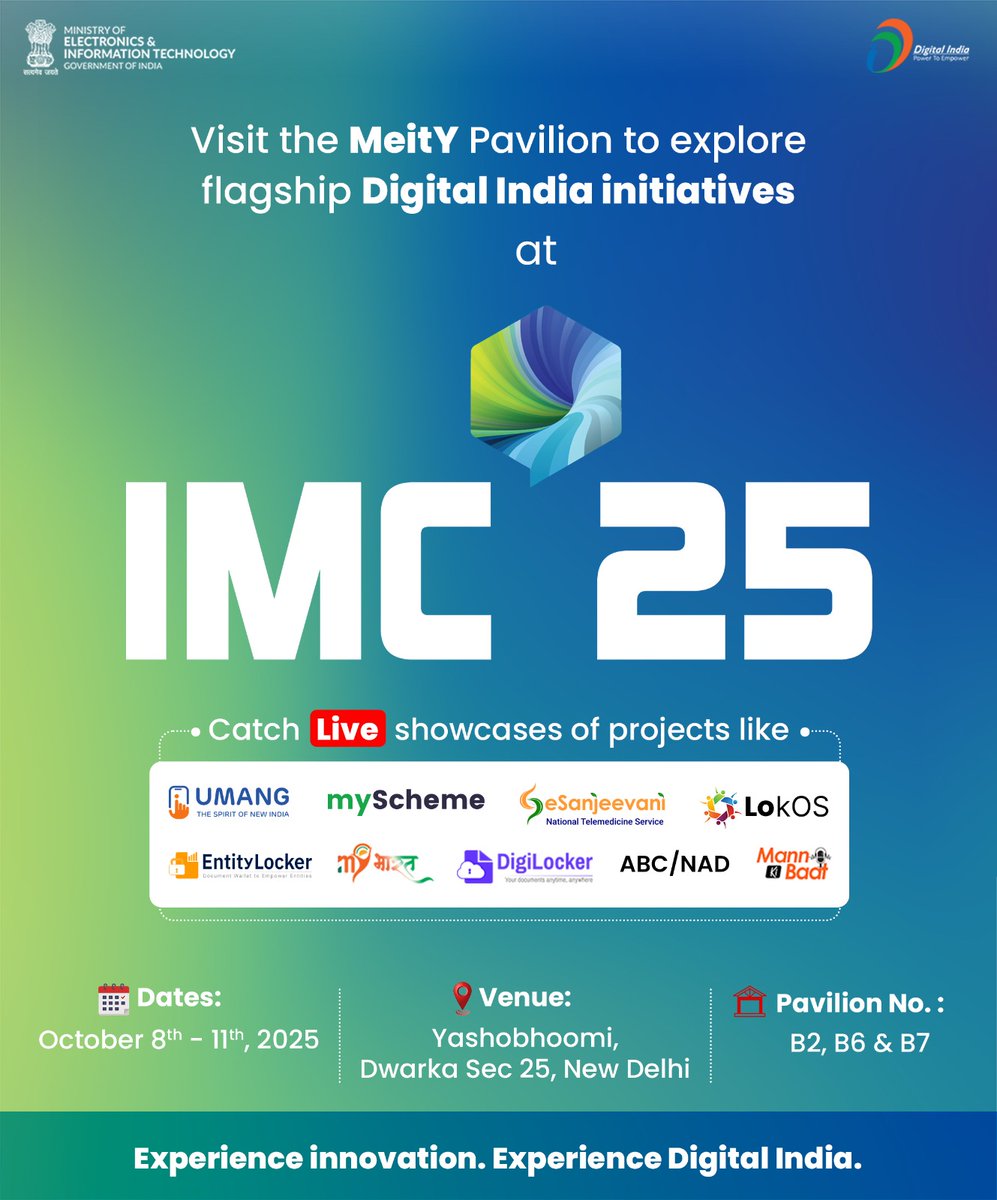 _DigitalIndia's tweet image. Step into the future of Digital India at India Mobile Congress 2025!

Explore how Digital India initiatives are empowering citizens through technology.

Join us in celebrating India’s digital innovation journey!

#IMC2025 #DigitalIndia #MeitY