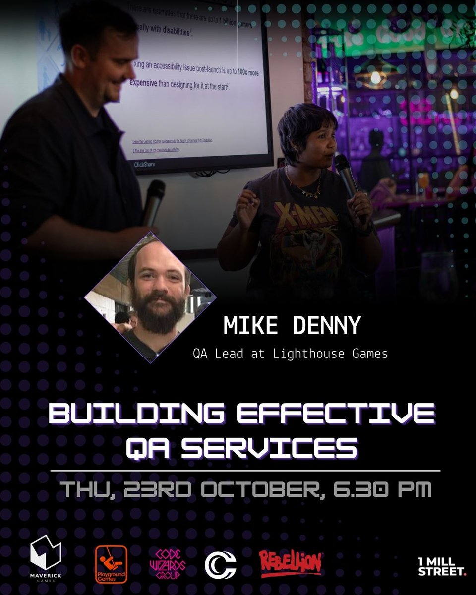 thegamedevgroup's tweet image. We are excited to announce our October speaker event. Join us for Mike Denny's "Building Effective QA Services" talk on Thursday, 23rd October at 6.30 pm.
RSVP now via the link in our bio.