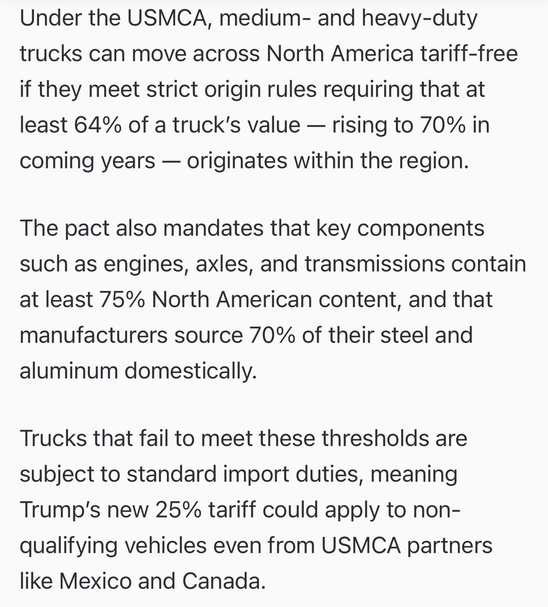 Trump’s new truck tariff goes into effect November 1st.

Trucks assembled in Mexico may be tariffed due to not meeting the “75% North American content” rule.

This will likely make new trucks far more expensive. Large fleets with preorders are likely to be the most impacted.