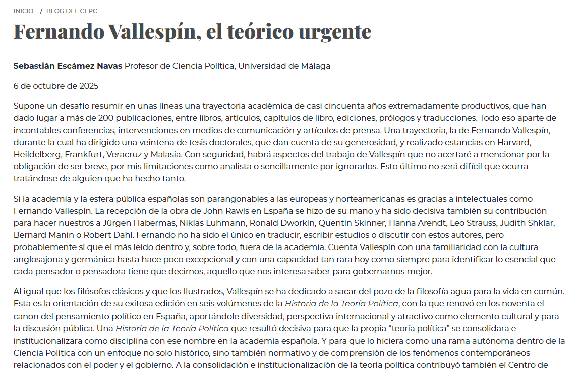 cepcgob's tweet photo. Nueva entrada en el #BlogCEPC
"Fernando Vallespín, el teórico urgente" por Sebastián Escámez Navas
https://t.co/8D1rouytGR https://t.co/ivGtCh0l1q