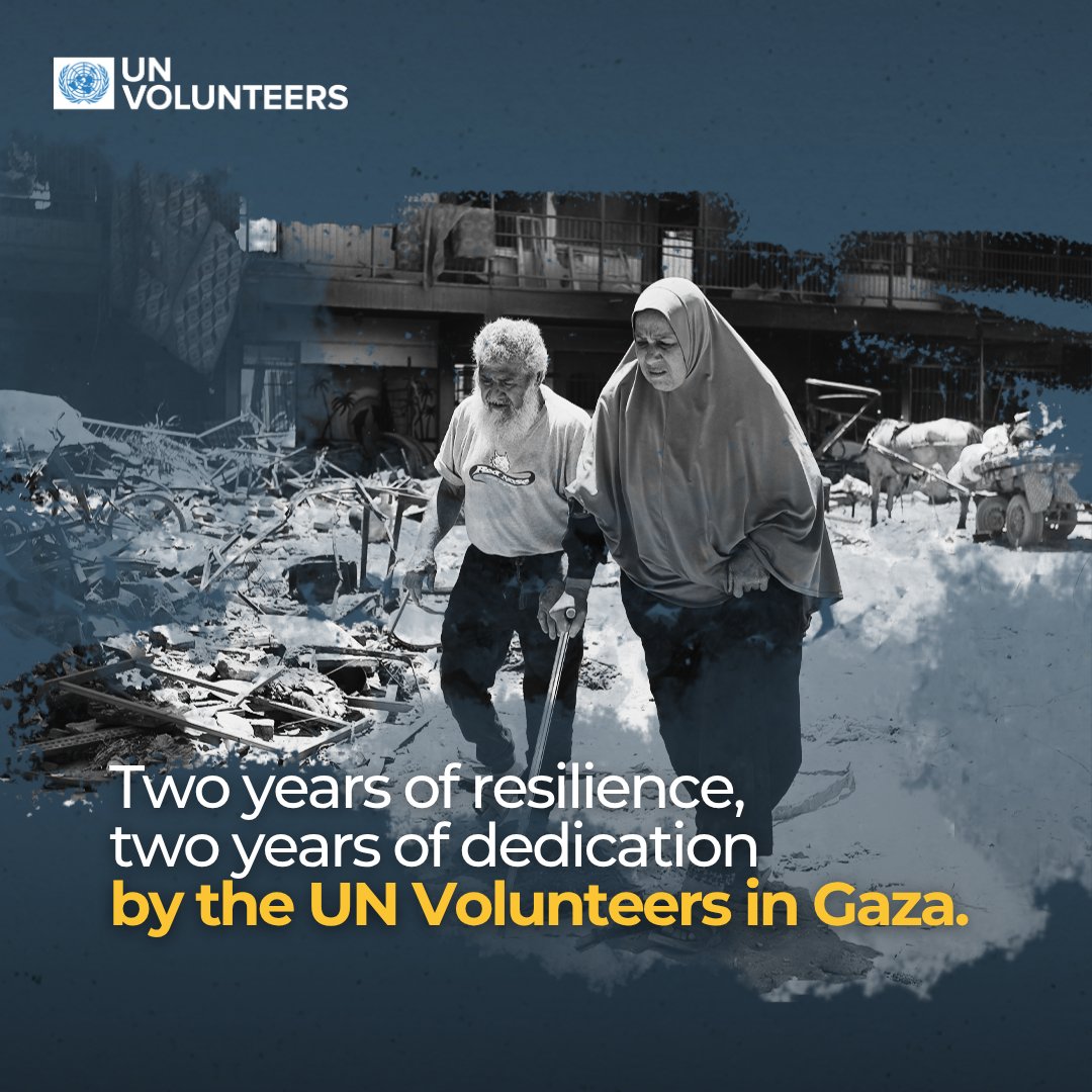 Two years into the war in #Gaza.. two years of mental anguish, loss, and resilience.

Yet amidst it all, UN Volunteers continue their work with humanity, bringing hope and support to those who need it most.

➡️ Read more: unv.org/Success-storie…