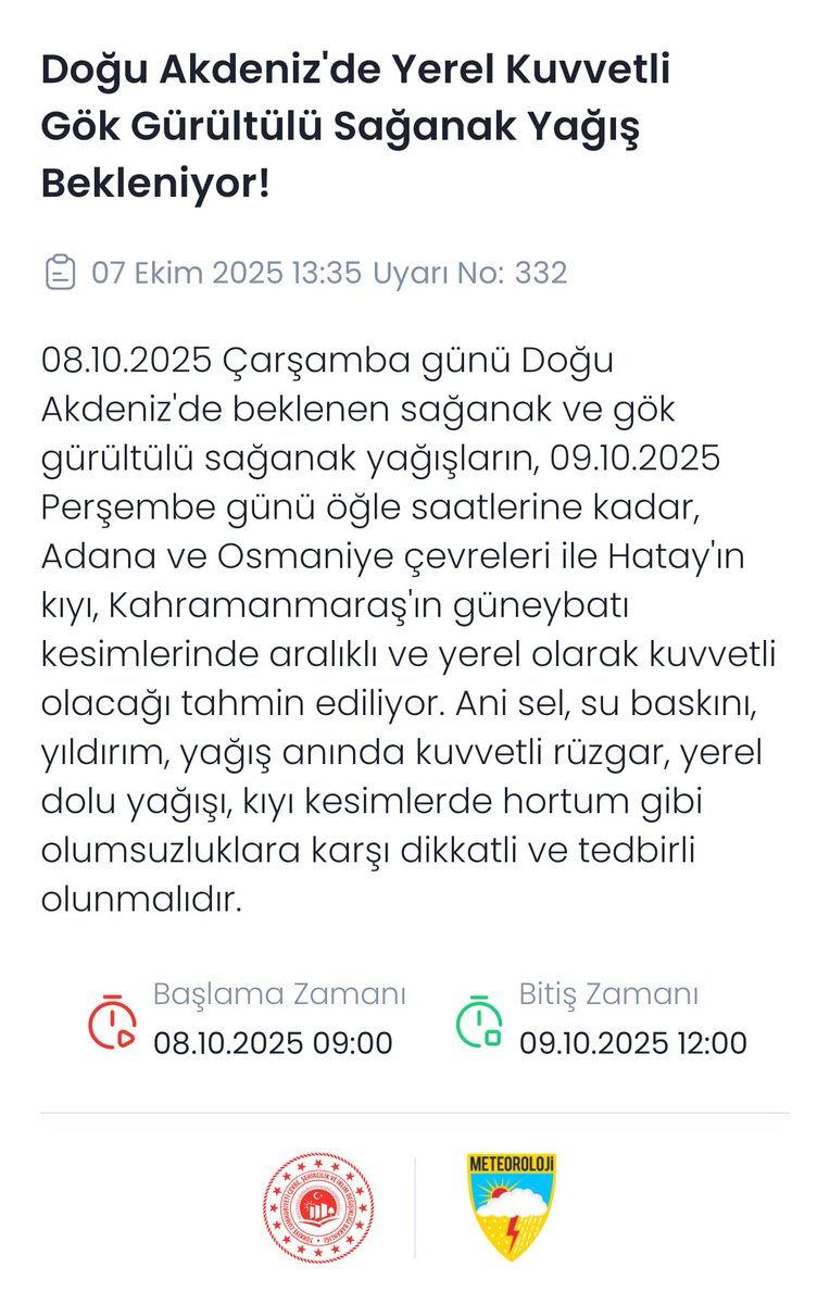 🔊Meteorolojik Uyarı
Doğu Akdeniz'de Yerel Kuvvetli Gök Gürültülü Sağanak Yağış Bekleniyor!
<a href="/AFADBaskanlik/">AFAD</a> <a href="/TCAdanaValiligi/">T.C. Adana Valiliği</a> <a href="/OsmaniyeValilik/">T.C. Osmaniye Valiliği</a> <a href="/HatayValiligi/">T.C. Hatay Valiliği</a> <a href="/TCkahramanmaras/">Kahramanmaraş Valiliği</a>