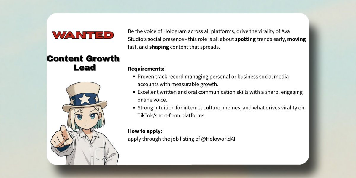 Rakib_Web3's tweet image. job opportunities alert 

the @HoloworldAI is hiring there content growth lead specifically of there tiktok account 

if you are able and comfortable to making videos you should apply for this position 

and if you know what is holoworldai here is a quick breakdown 

&amp;gt; holoworld…