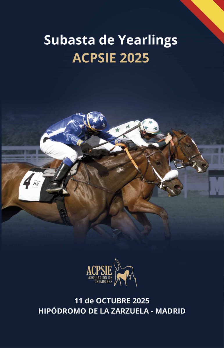 ACPSIE (@acpsie) on Twitter photo Catálogo de la Subasta de Yearlings ACPSIE 2025. 4⃣2⃣ potros inscritos de 11 Presentadores representando la producción nacional de PSI de los criadores españoles
✴️Sábado 11 de octubre / 17h
✴️Recinto de Ganadores de <a href="/HipodromoMadrid/">Hipódromo de La Zarzuela</a>
Descarga Catálogo⬇️
criadorespsi.es/IMAGES/PDF/Ctl… Catálogo de la Subasta de Yearlings ACPSIE 2025. 4⃣2⃣ potros inscritos de 11 Presentadores representando la producción nacional de PSI de los criadores españoles
✴️Sábado 11 de octubre / 17h
✴️Recinto de Ganadores de <a href="/HipodromoMadrid/">Hipódromo de La Zarzuela</a>
Descarga Catálogo⬇️
criadorespsi.es/IMAGES/PDF/Ctl…